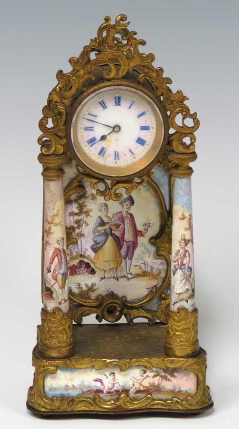 FRENCH ENAMELED MINIATURE SHELF CLOCK: 19th c., engraved brass and enamel, 5.5”h From the estate of a Dover, Massachusetts gentleman.