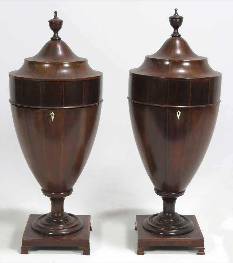 PAIR OF 19TH C. INLAID MAHOGANY KNIFE URNS: top raise on center post, fitted interiors, 28”h closed; 7.5” sq. base