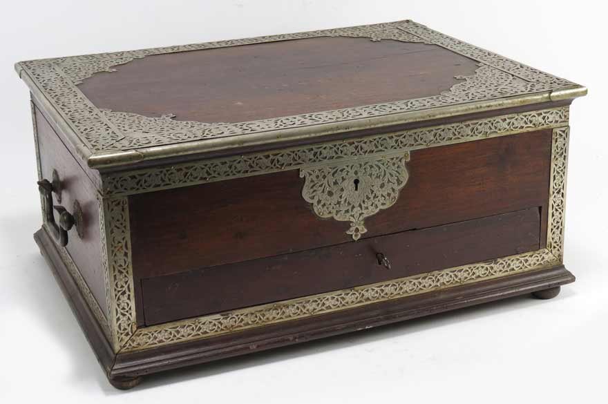 ANGLO-INDIAN DOCUMENTS BOX: 19th c., applied pierced plated foliate borders to hinged lid, body and escutcheon, drawer and side handles, on small bun feet, 8.5”h; 18”w; 13.5”d