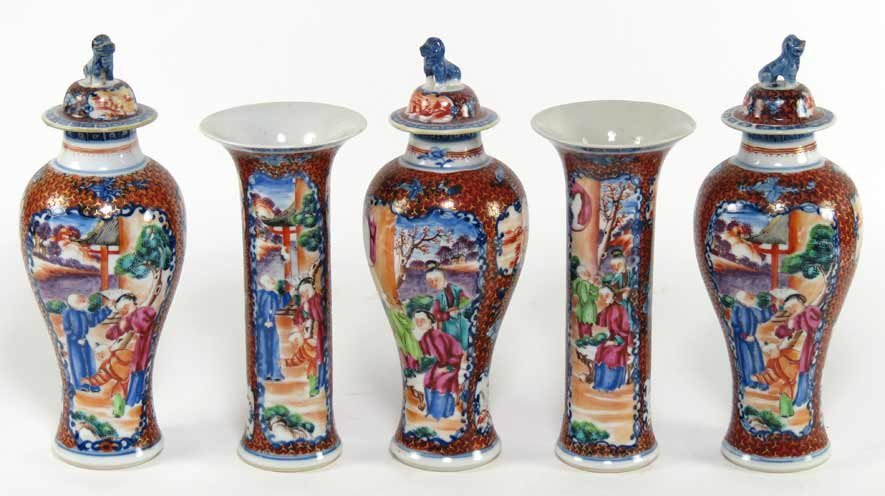 (on 5) CHINESE EXPORT GARNITURE SET: figural and iron red decoration, consisting of three covered jars with foo dog finials, 10”; and two flared-top vases, 8”h
