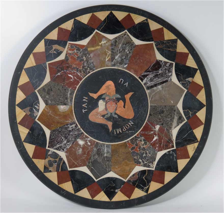 ITALIAN SPECIMEN MARBLE TABLE TOP: 19th c., TAN NA NOPMI 19.5”diam. The Trinacria, symbol of Sicily, is composed of the head of the Gorgon, whose hair is entwined serpents with ears of corn, from which radiate the three legs bent at 
