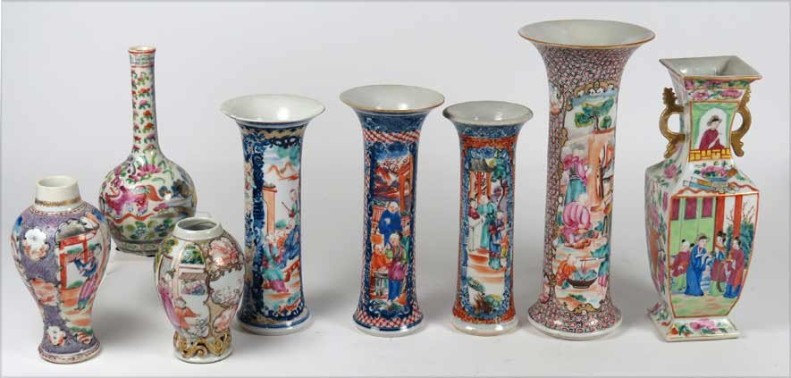 (on 8) CHINESE EXPORT PORCELAIN ITEMS: gooseneck bud vase, 7”; two small jars (sans covers), 4.5”and 6”; a square-form vase, 9”; three garnitures of various design, 7.5” (one with rim damage, glued); and another flared garniture,