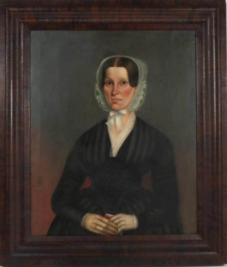 AMERICAN SCHOOL, c. 1830: portrait of women holding a book o/c, 32 by 26 in., ogee frame