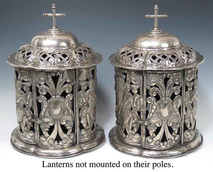 PAIR OF SPANISH COLONIAL SILVER CEREMONIAL PARADE: Peru, Bolivia or Colombia, late 18th/19th c. round-form with reticulated domed top, applied cross above (6) elaborate openwork panels, the hinged door flanked by a panel with angel, each with a remova