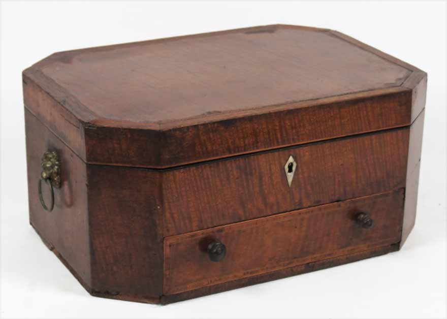ENGLISH REGENCY OCTAGONAL SEWING BOX: with drawer, 5.5”h; 12”w; 8.5”d