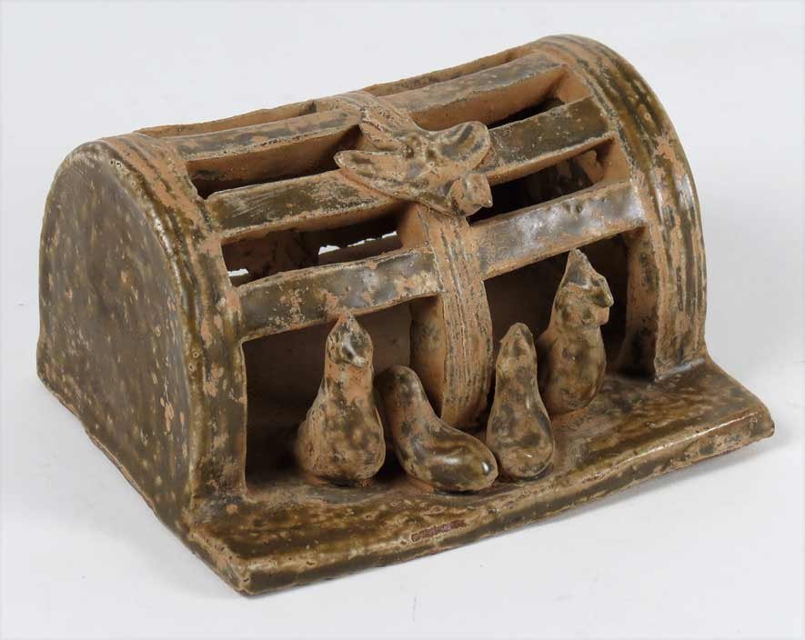 GLAZED EARTHENWARE CHICKEN CAGE MODEL: with chickens, 2.75”h; 5”w; 4”d Prov.: The David Abbate (1949-2013) Collection
