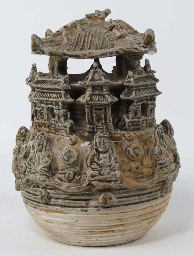 GLAZED EARTHENWARE FUNERARY JAR: applied band of figures seated below open architectural elements, 10”h; Prov.: The David Abbate (1949-2013) Collection