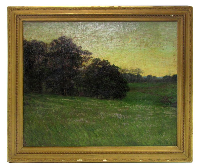 School of GIVERNY, 19th c.: meadow at forest edge, crescent moon unsigned, o/c, 18 by 22 in., gilt frame (oil of village church on reverse) There was an American art colony in Giverny, France (the home of Monet) in the late 19th