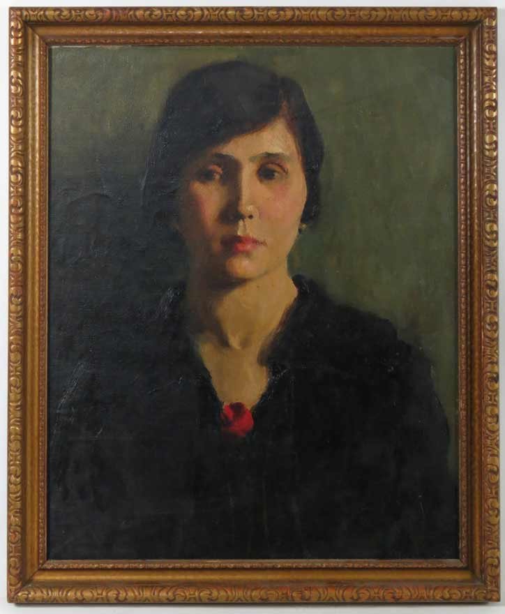 AMERICAN OR EUROPEAN, 19/20th c.: portrait of woman in black dress with red rose unsigned, o/c, 20 by 16 in., framed Ex. Kurt Reynolds collection, Boston