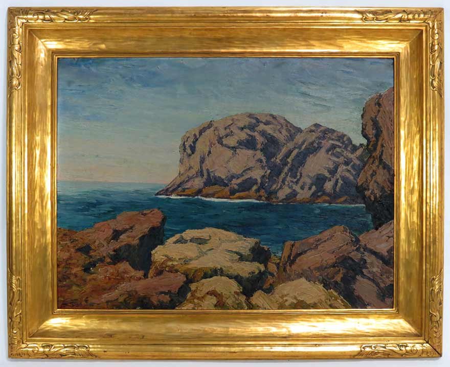 THEOPHILE SCHNEIDER (German/American, 1876-1960): Gull Rock, (Monhegan) unsigned, o/c, 30 by 40 in., original Newcomb-Macklin gilded frame label on reverse: BOSTON ART CLUB, MEMBERS’ EXHIBITION, with artist, address, title and price $350. another l