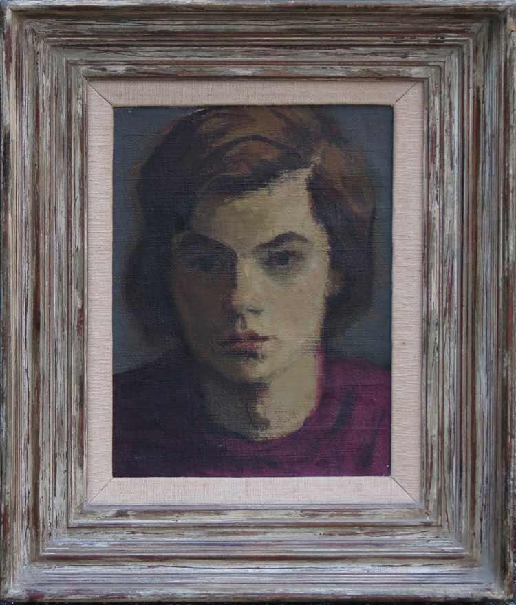 MOSES SOYER (American, 1899-1974): head of girl sgn. l.l. M Soyer, o/c, 12 by 9 in., framed labels on reverse: one, AMERICAN ART SINCE 1850, Number 323 with artist and title: an old Heritage Gallery label, Los Angeles CA; and a partial