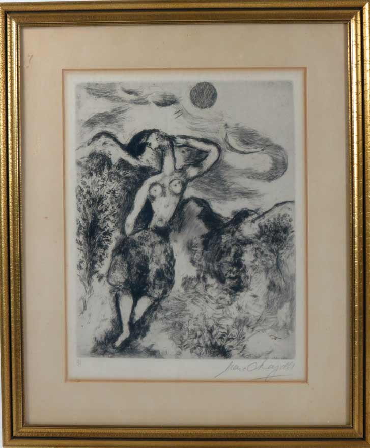 MARC CHAGALL (French/Russian, 1887-1985): woman, mountains in distance sgn. l.r. in plate Chagall, and in pencil l.r. margin Marc Chagall, numbered 90 black and white lithograph, 11.5 by 9.25 in. (image), matted, framed under glass From the e