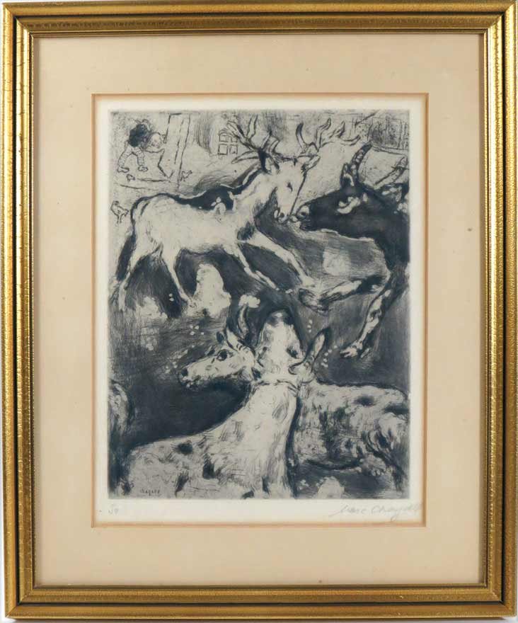 MARC CHAGALL (French/Russian, 1887-1985): barnyard, farmer, horses and cows sgn. l.l. in plate Chagall, and in pencil l.r. in margin Marc Chagall, numbered 50 black and white lithograph, 11.75 by 9.25 in. (image), matted, framed under glass F