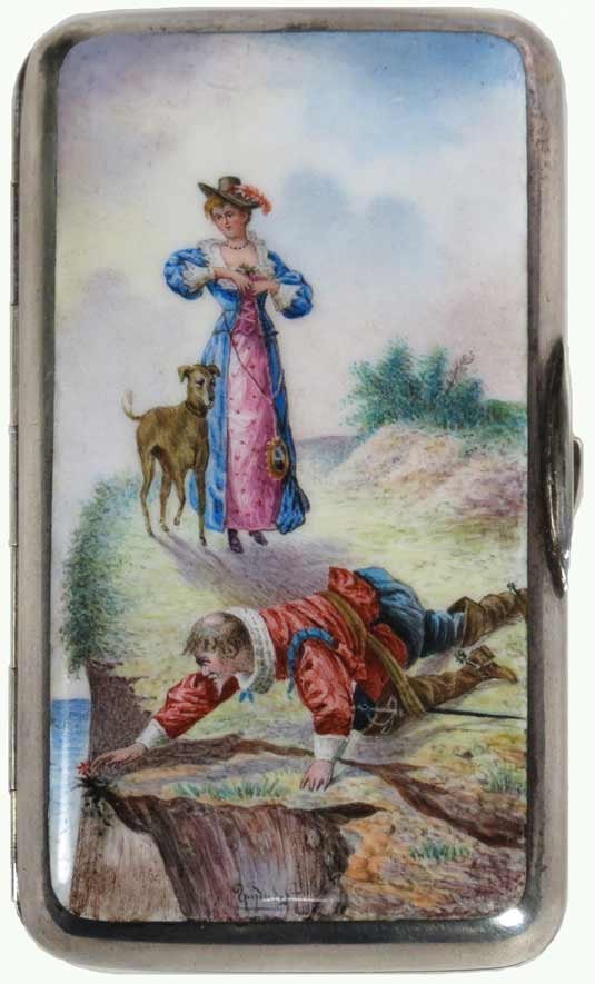 FINE RUSSIAN SILVER AND ENAMEL CIGARETTE CASE: c. 1880, Hallmark: ?.??????????? the interior stamped twice with master goldsmith’s mark, Ovchinnikov (Pavel Akimov Ovchinnikov, 1830-1888) St. Petersburg the enamel cover depicting a gentleman on a