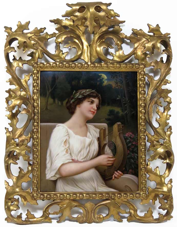 BERLIN KPM PLAQUE: Evening song clasical woman in garden, playing lute sgn. l.l. ? Wagner..? on reverse: impressed scepter above KPM 275-223; blue beehive mark; in script, title Evening Song, and in red ink script Abend
