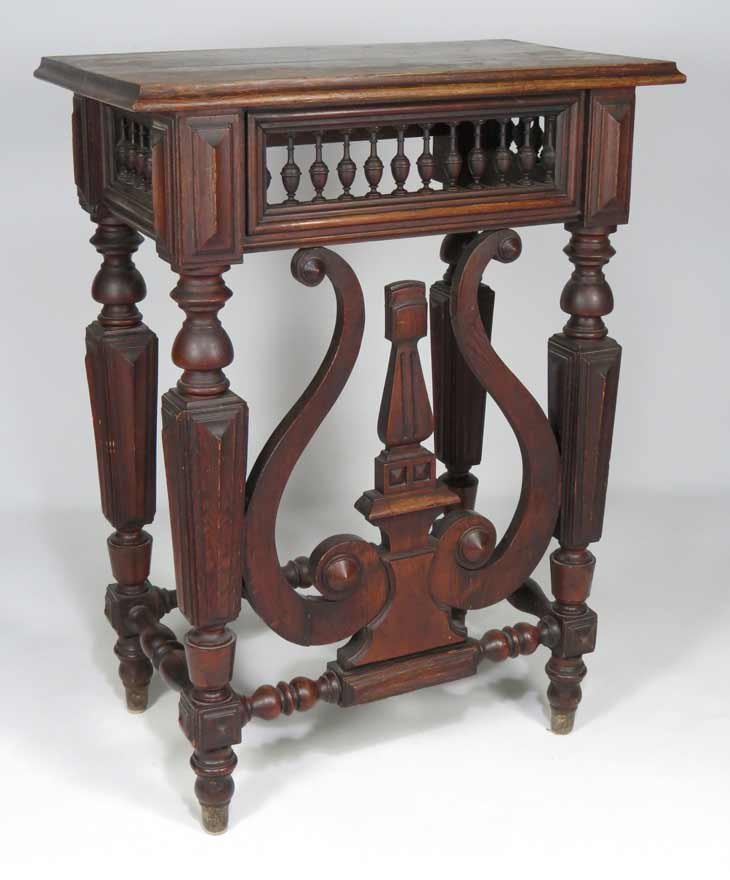 UNUSUAL VICTORIAN TALL MUSIC TABLE/STAND: mahogany stained oak, rectangular top with lyre-form front, 39.5”h; 29.5”w; 17”d Ex. Kurt Reynolds collection, Boston