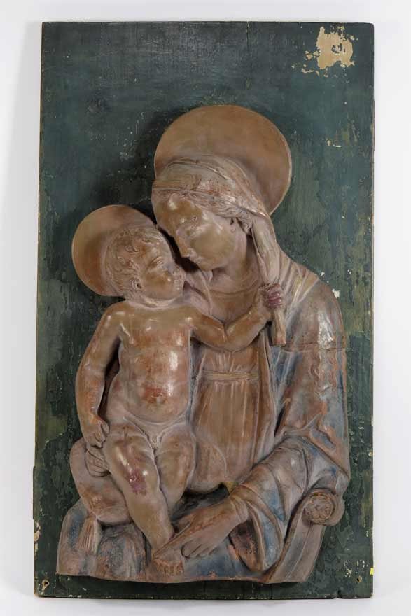 ITALIAN TERRA COTTA RELIEF, MADONNA AND CHILD: mounted on painted wood panel, 23”h; 13.5”w Ex. Kurt Reynolds collection, Boston