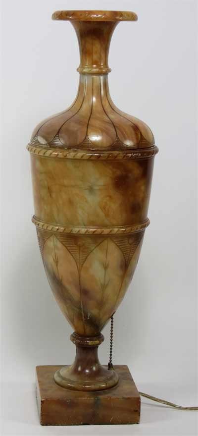 ALABASTER URN-FORM TABLE LAMP: etched decoration, the lift-off top with etched petal design, 20.5”h Ex. Kurt Reynolds collection, Boston
