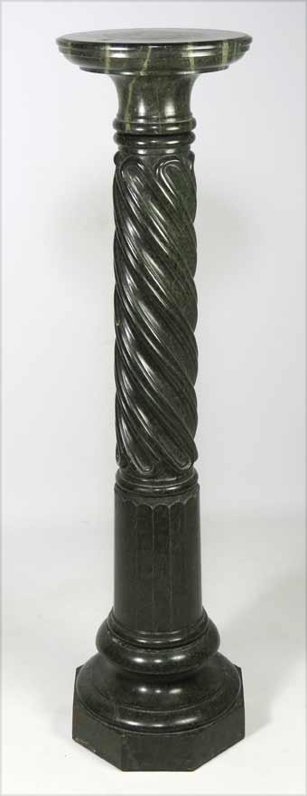 MARBLE BARLEY-TWISTED CARVED PEDESTAL: black marble in four parts, revolving top, 11.5”diam.; 44”h Ex. Kurt Reynolds collection, Boston