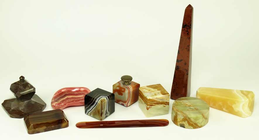 (on 10) VARIOUS HARD-STONE SMALL OBJECTS: agate and onyx, incl.; various geometrically shaped paperweights, obelisk and letter opener Ex. Kurt Reynolds collection, Boston