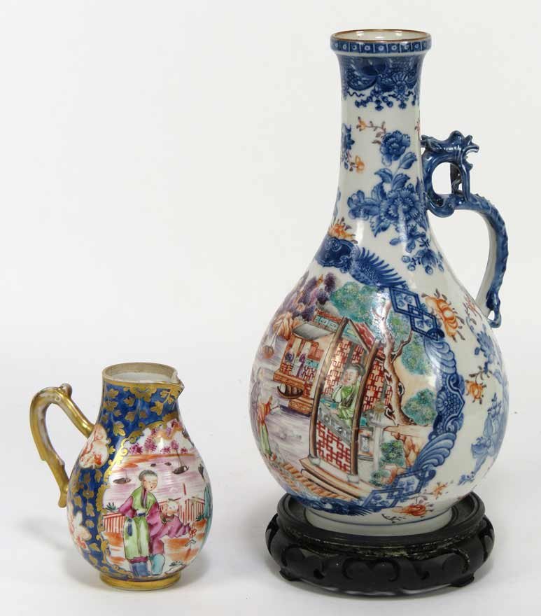 (on 2) CHINESE EXPORT PORCELAIN VESSELS: a goose-neck, bulbous jug with dragon handle, decorated with figures in a landscape depicting a lakeside summer pavilion, 10.5”h; along with a small cream pitcher, 4.5”