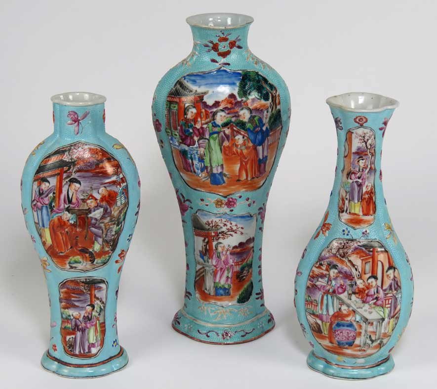 (3) 18TH C. CHINESE EXPORT PORCELAIN VASES: decoration matching, size and shape differ, each with four figural cartouches on unusual robin’s egg blue ground with overall minutely beaded surface, two are 9”h; the third 11.25”h
