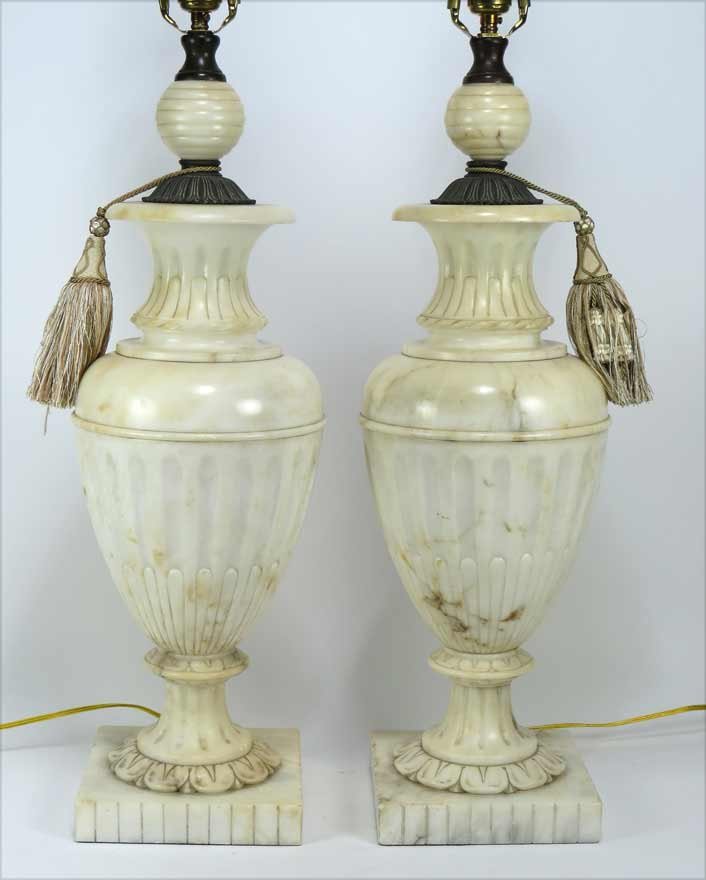 PAIR OF LARGE MARBLE URN-FORM TABLE LAMPS: 34” total height Ex. Kurt Reynolds collection, Boston