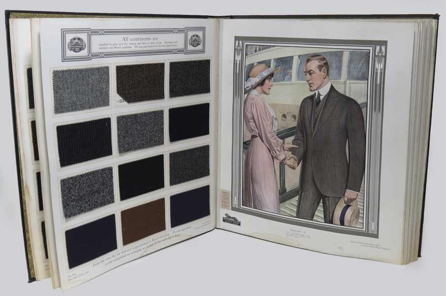 GENTLEMAN’S ILLUSTRATED FABRIC SAMPLE BOOK, 1914: THE ROYAL TAILORS/PAY LESS AND DRESS BETTER/CHICAGO-NEW YORK SPRING & SUMMER SEASON, 1914 (25) cardboard pages, some with swatches relating to the color lithograhs of gentlemen, including page of base