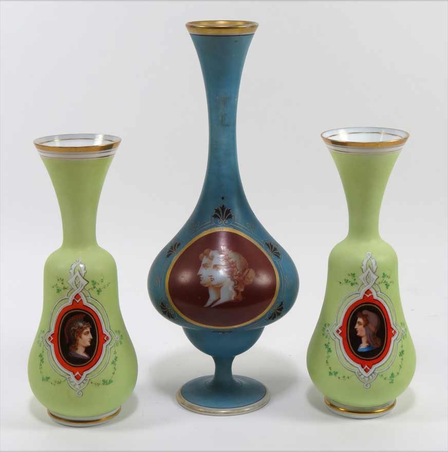 (3) ENGLISH BRISTOL GLASS FOOTED VASES: 19th c., a pair of yellow vases with classical profiles, 10”h; along with a blue gooseneck vase with double classical profile portraits, 14”h Ex. Kurt Reynolds collection, Boston