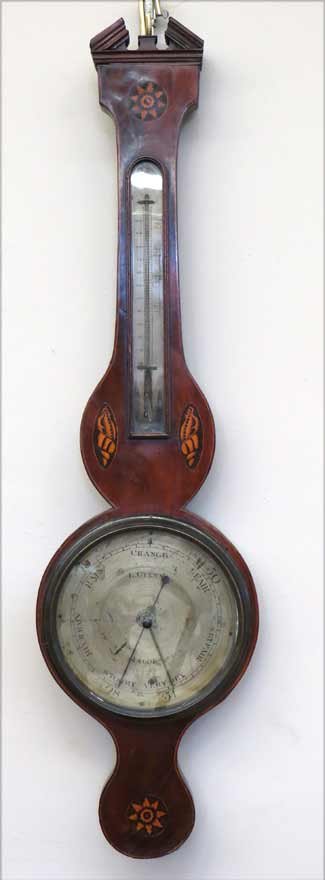 INLAID MAHOGANY WHEEL BAROMETER: 19th c., L. GIANNA, SALOP, broken-arch top, with shell inlay, 38” Ex. Kurt Reynolds collection, Boston