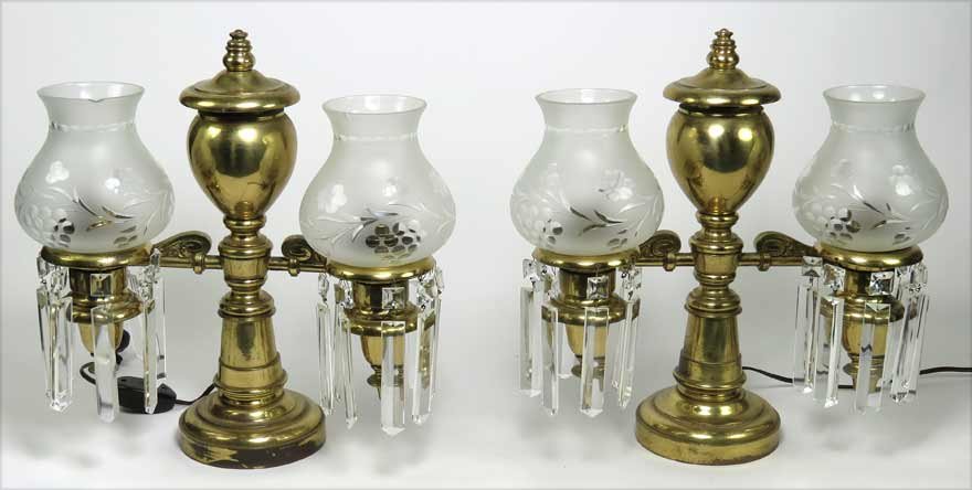 PAIR OF BRASS PRISMED ARGAND LAMPS: double-arm, weighted base, with etched glass shades, 15”h; 13”w Ex. Kurt Reynolds collection, Boston