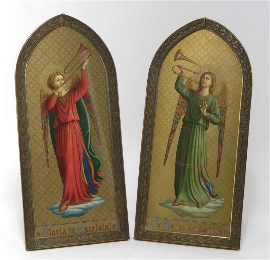 PAIR OF ITALIAN BRONZE GRAND TOUR FRAMES: 19th c., Renaissance-style with relief leaf decoration, framing trumpeting angels, 13.5”h; 6.5”w Ex. Kurt Reynolds collection, Boston