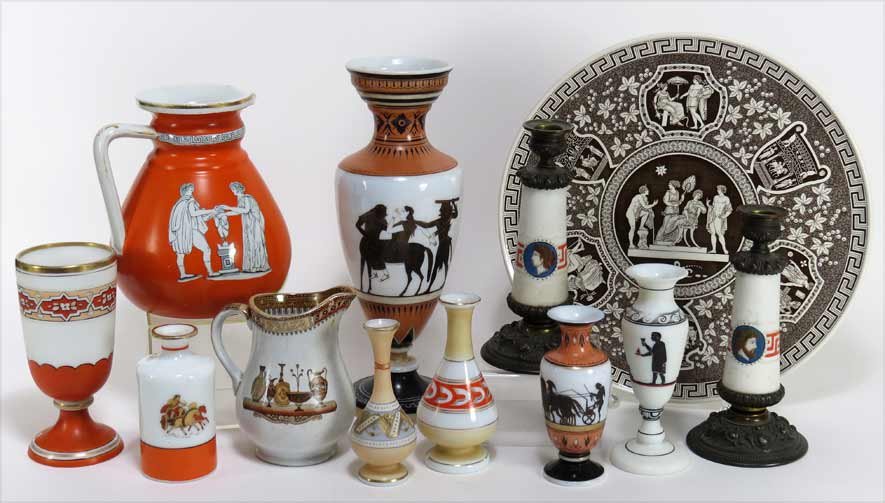 (on 12) ‘ETRUSCAN’ DECORATED TABLEWARE ITEMS: a pair of Bristol glass candlesticks with metal bases; a Bristol glass footed goblet; (6) various sized vases; (2) pitchers; and a Copeland transfer decorated cake plate Ex. Kurt Reynolds collection, 
