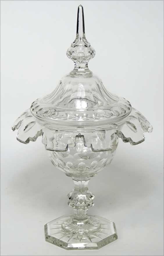 IRISH GLASS COVERED SWEET MEAT DISH: 19th c., footed compote-form, 15” h Ex. Kurt Reynolds collection, Boston