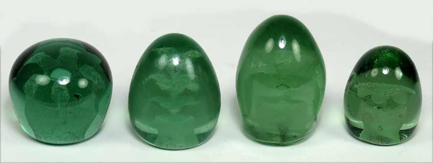 (4) GREEN GLASS ‘END-OF-DAY’ PAPERWEIGHTS: 19th c., all with flower in a pot decoration Ex. Kurt Reynolds collection, Boston