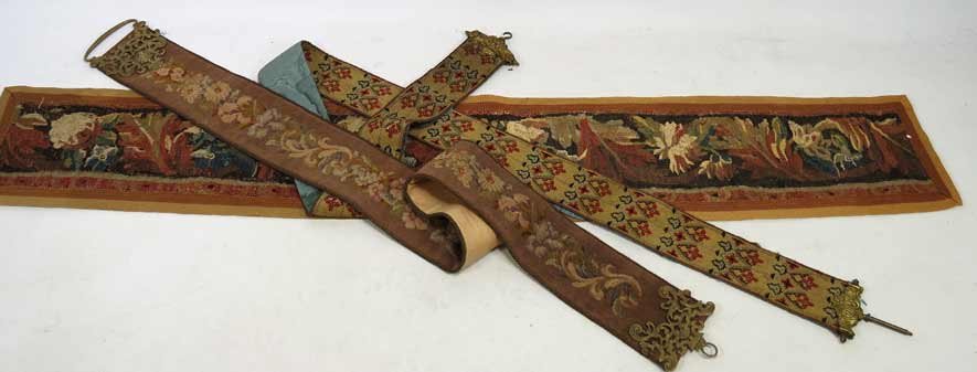 (on 3) NEEDLEWORK ITEMS: (2) 19th c. bell pulls with brass fittings to each end; and an early tapestry runner, 69” x11” Ex. Kurt Reynolds collection, Boston