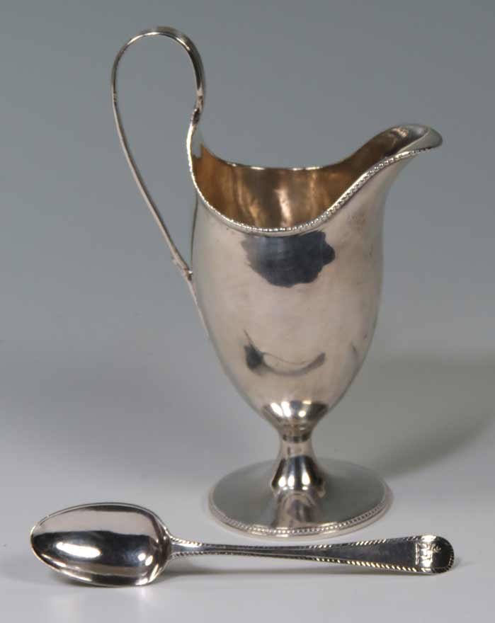 (on 2) 18TH C. HESTER BATEMAN SILVER CREAMER: classical footed-form with beaded rim, 6”h; along with a small spoon, 5”; both hallmarked, 3.5 troy oz. total
