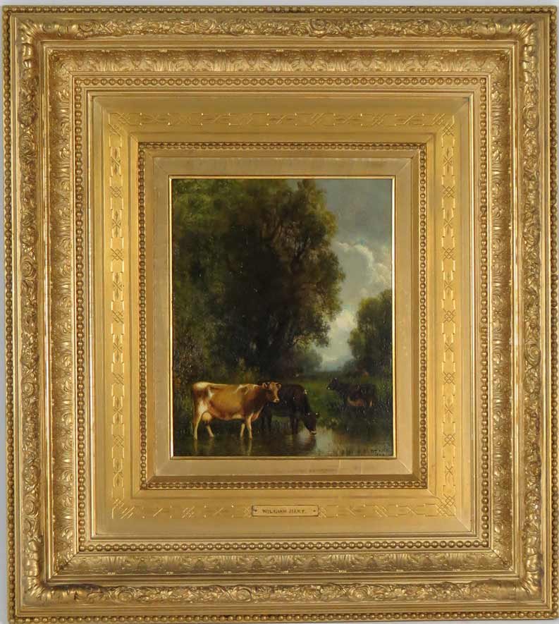 WILLIAM M. HART (American, 1823-1894): cows in wooded pasture sgn. and dated l.r. Wm Hart 1878, o/p, 11 by 9 in., gilt frame Member of the National Academy and Hudson River School. His work is exhibited in the Boston Museum of Fine Arts, t