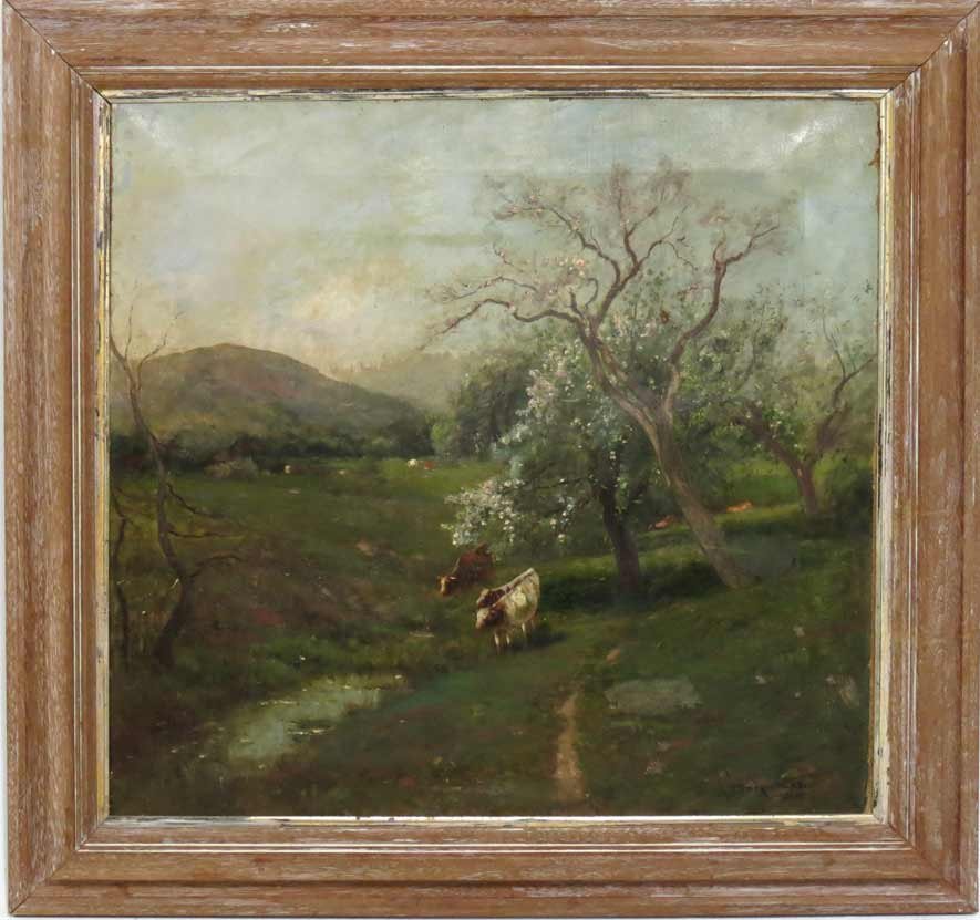 EDWARD GAY (American, 1837-1928): cows under apple trees sgn. and dated l.r. Edward Gay, 1886, o/c (old reline), 18 by 19 in., framed