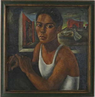 ROBERTO MONTENEGRO (Mexican, 1885-1968): portrait of woman, prostitute and conflict in background sgn. and dated l.l. Roberto Montenegro/1949 o/c, 28 by 28 in., original frame reverse: old paper labels, CENTRAL ART GALLERY AVENIDA JUAREZ...M