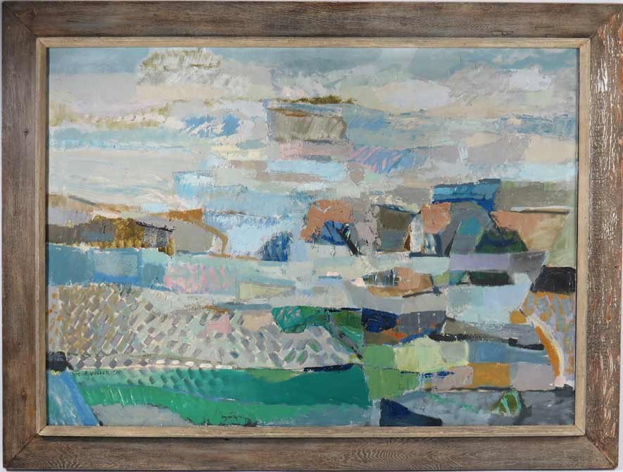 RICHARD ARTHUR MULLER (American, b. 1928): abstract, McKenzie River sgn. and dated l.l. R A. MULLER ‘55, o/c, 30 by 42 in., original frame Prov.: The family home of the American poet Amy Lawrence Lowell, Brookline, MA.