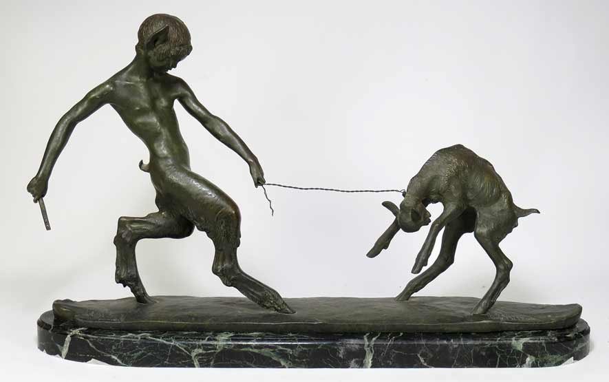 ARY JEAN LEON BITTER (French, 1883-1970): Capture, young faun with goat cast bronze, sgn. Ary Bitter, 16.5”h; base 29”w; on conforming oval green marble base, 1.5”h