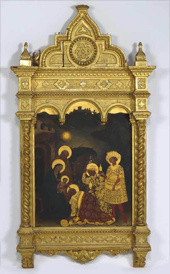 LARGE ITALIAN CARVED AND GILDED WALL SHRINE: 19th c. Florence, Grand Tour, Adoration of the Magi oil with gilt enhancement on cradled panel, ornate Renaissance-style tabernacle frame, 33”h; 16.5”w