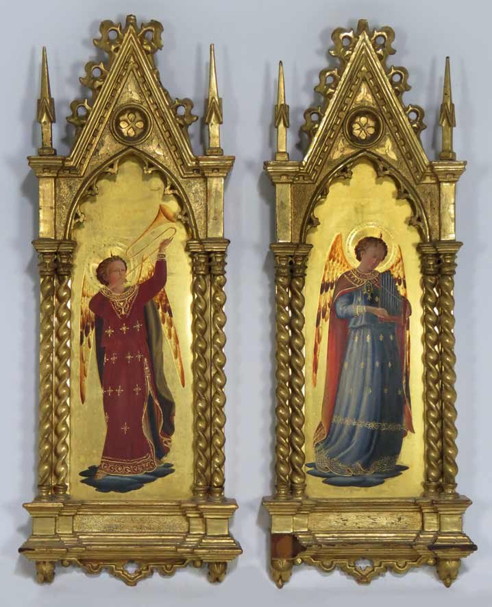 PAIR OF ITALIAN CARVED AND GILDED WALL SHRINES: 19th c. Florence, Grand Tour oil with gilt enhancement on panel, each a musical angel, one blowing a horn, the other with organ pipes, ornate Renaissance-style tabernacle frame, 26”h; 10”w old Flo