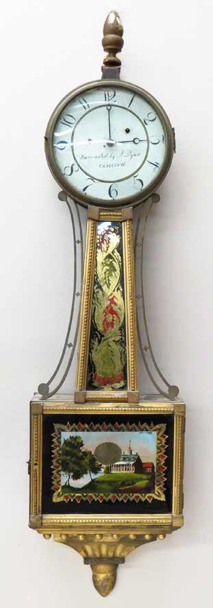 WEIGHT-DRIVEN BANJO CLOCK, DYAR: on face, Warranted by J. Dyar Concord old color, with reverse painted panel of Mt. Vernon, 39”h paper inside reads: Joseph Dyar made clocks in Concord, Massachusetts from 1815-1820. He worked with o