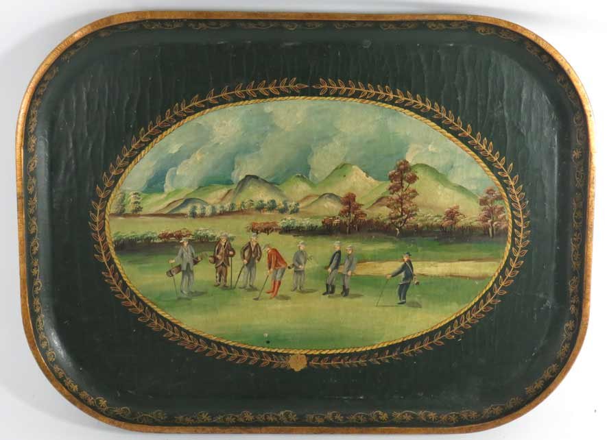 LARGE ENGLISH PAPIER MACHE TRAY, GOLFERS: 19th c., green with gilt enhancements, a centered oval with leaf border depicting several golfers playing on the green, mountains in distance, on tall modern folding stand with bamboo-turned legs, 36�