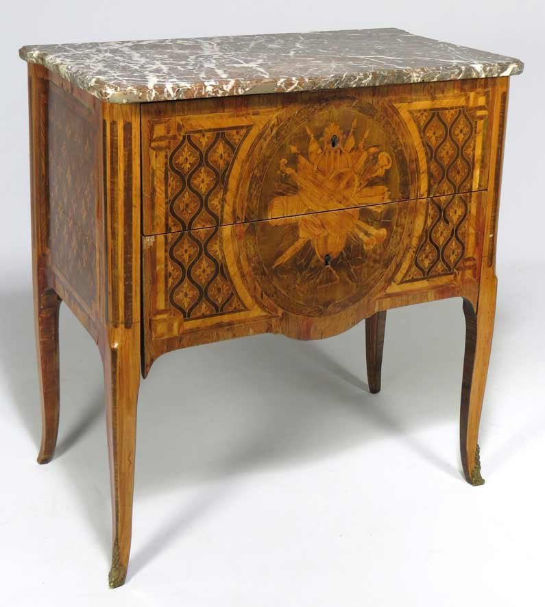 SMALL FRENCH LOUIS XVI COMMODE: 18/19th c., stamped JME original marble top, two drawers, overall marquetry and parquetry inlay, 32”h; 29.5”w; 17”d From the estate of a prominent Massachusetts art collector.