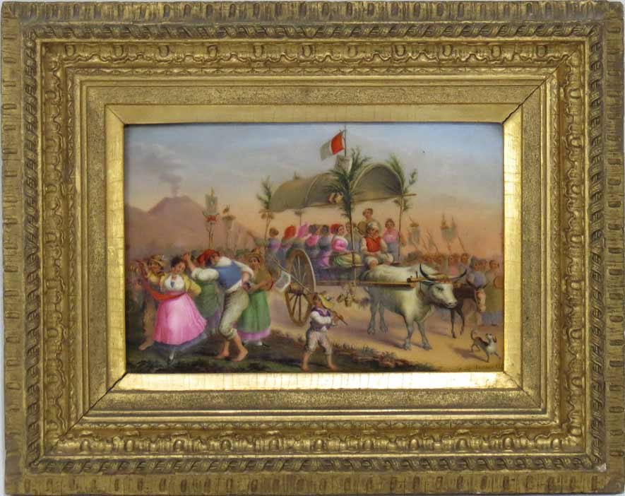 ITALIAN PAINTING ON PORCELAIN, SIMONE: CARLO DE SIMONE (Italian, 19th c.) ink script on reverse: Retour de la Fete de Montevergine / Naples sgn. and dated l.r. Carlo de Simone ..?.., plaque measures 5.5 by 8.25 in., gilt frame