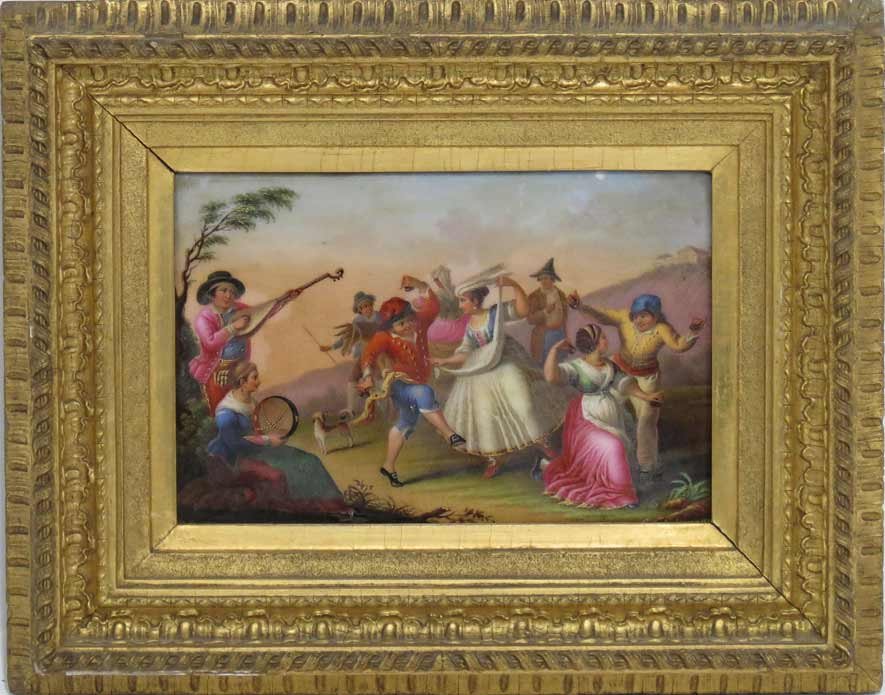 ITALIAN PAINTING ON PORCELAIN, SIMONE: CARLO DE SIMONE (Italian, 19th c.) ink script on reverse: Tarantell Napolitaines/Naples sgn. and dated l.r. Carlo de Simone 1851, plaque measures 5.5 by 8.25 in., gilt frame
