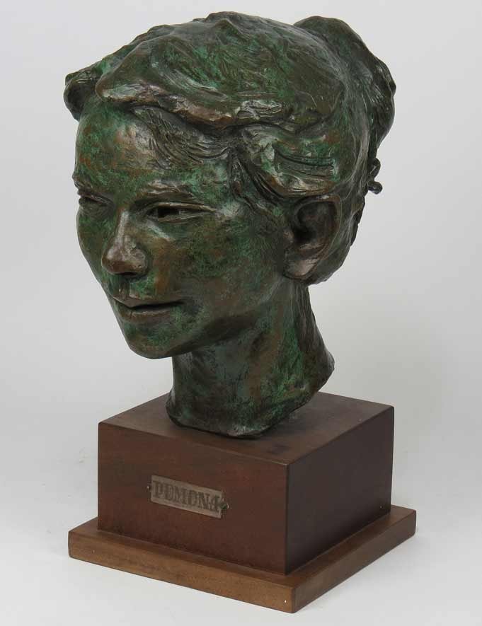 CARL LEWIS PAPPE (American, 1900-1998): bronze head of a girl, Pomona, 11”h; mounted on 4”h square wood plinth